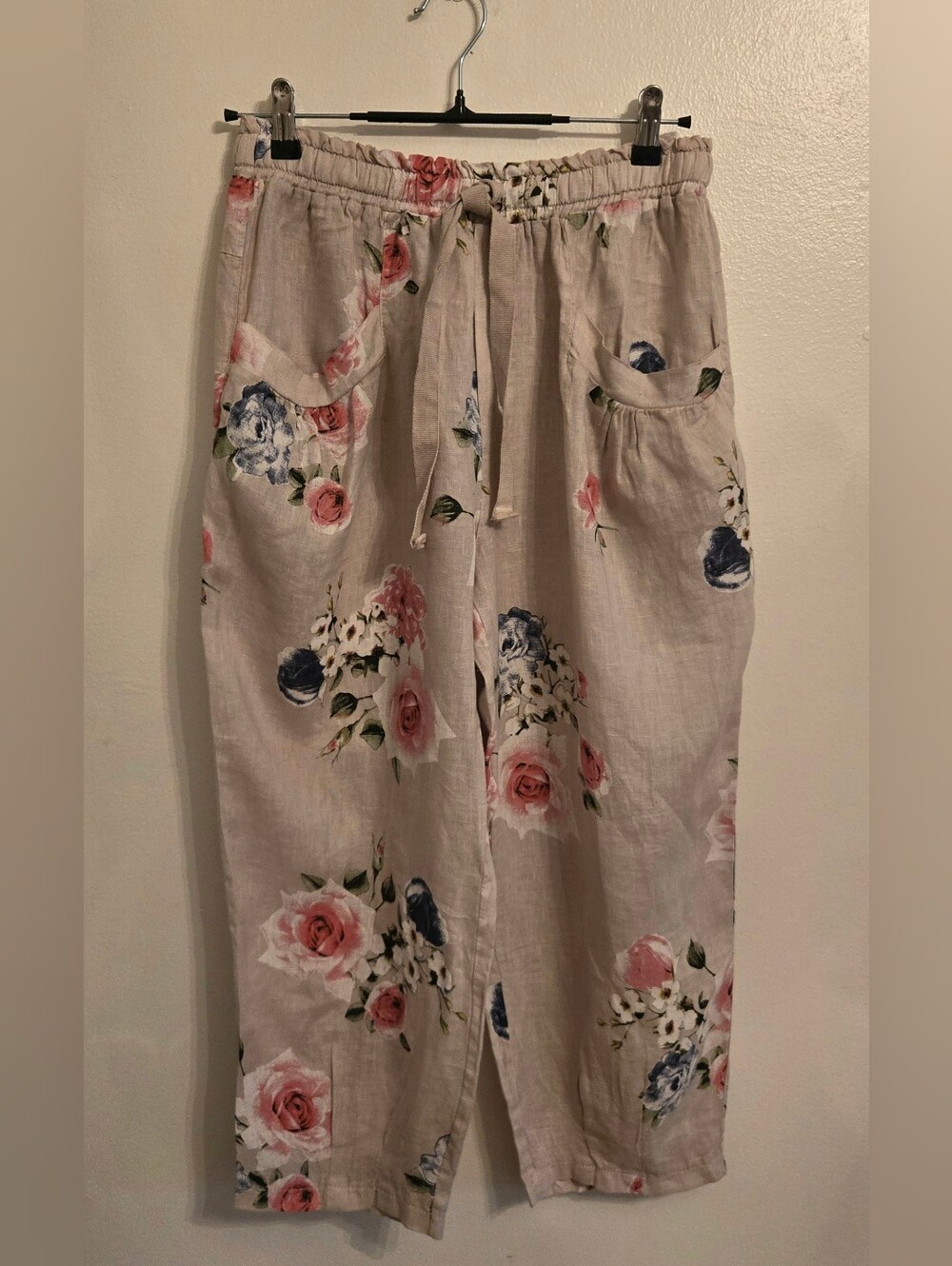 Belle France Beige Pink Linen Floral Cropped Pull On Pants Made In Italy Large